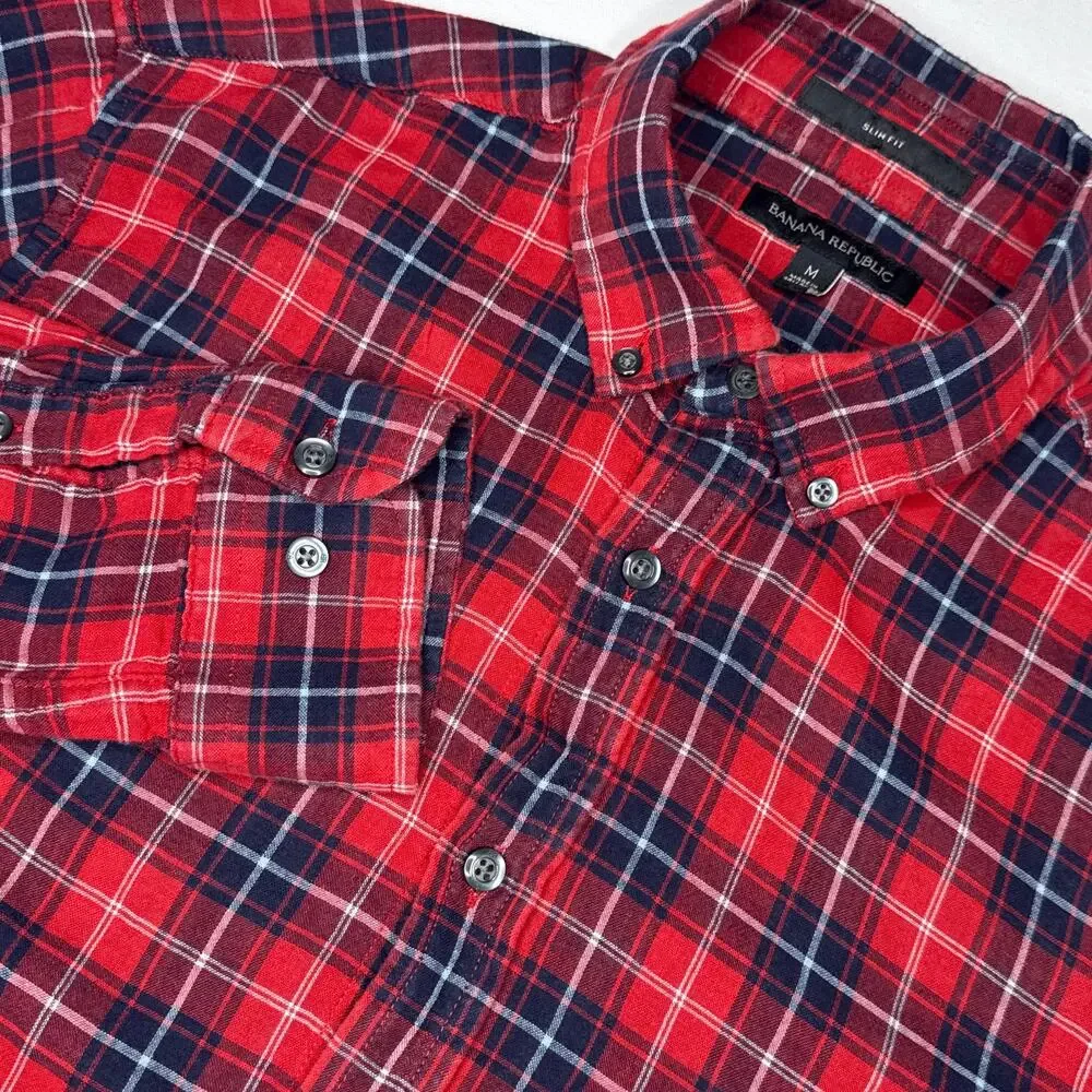 Banana Republic Men's Red Blue Plaid Button Down Cotton Shirt Medium Lined‎